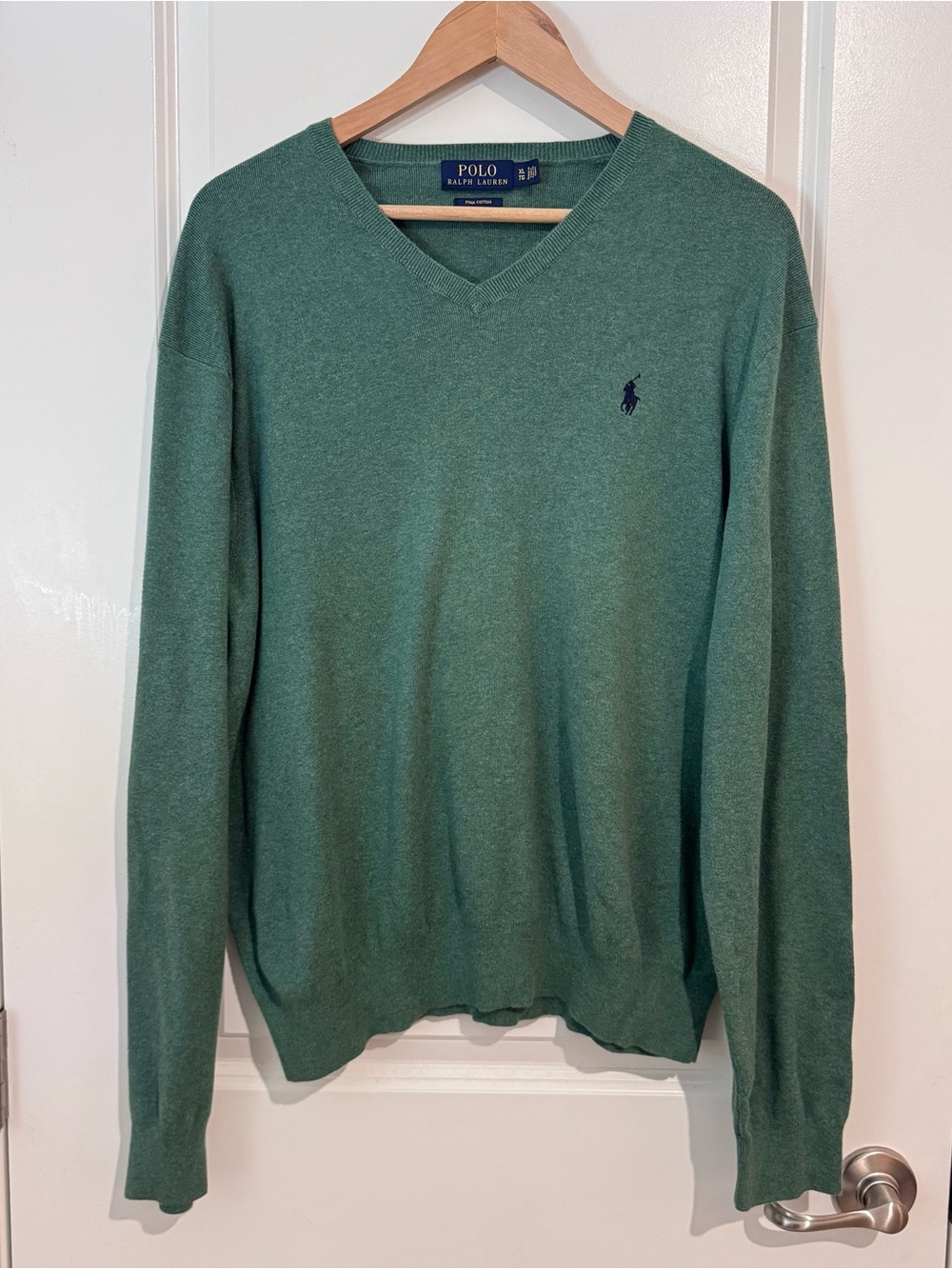 Polo Ralph Lauren Sweater Mens XL Green 100% Pima Cotton Pony Long Sleeve V Neck